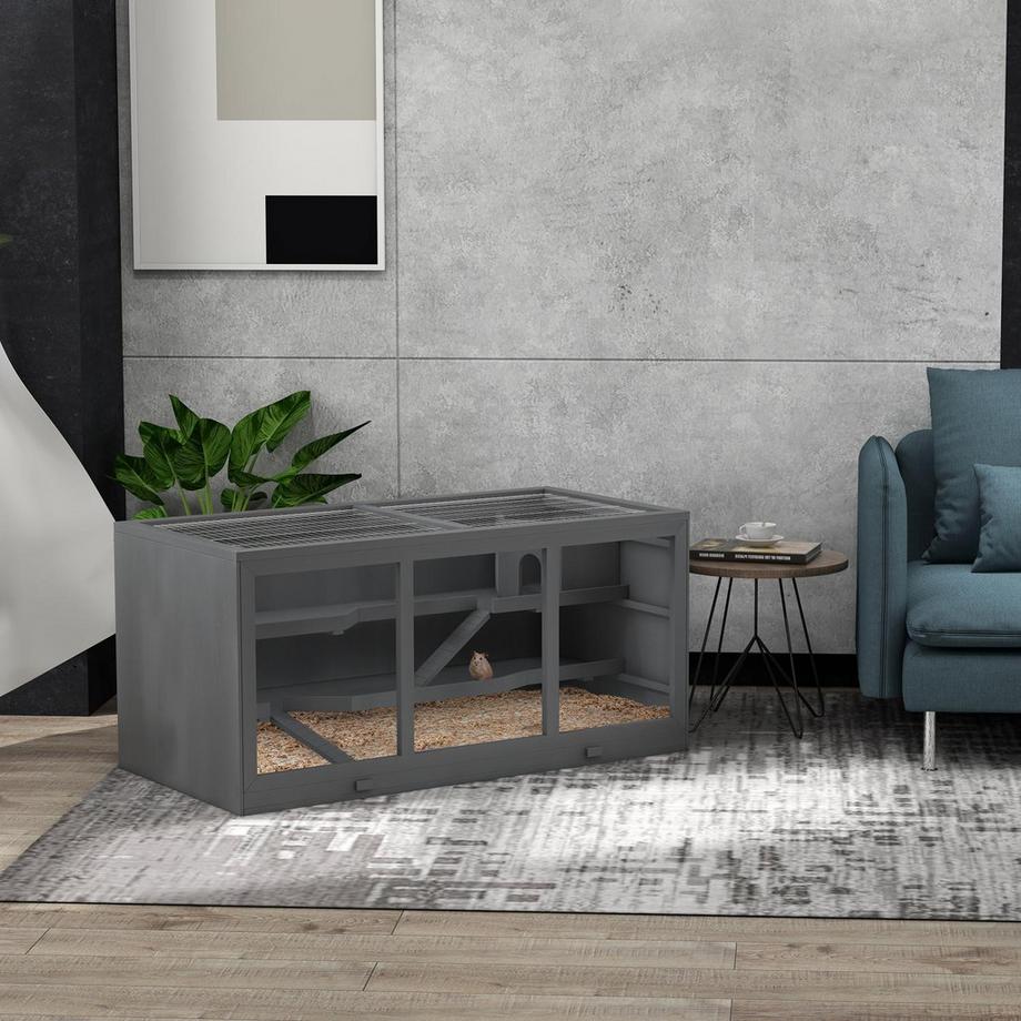 Northio  Cage pour hamster nain, cage pour rongeurs, cabane pour petits animaux en bois, cage à souris avec escalier, cage pour petits animaux, villa pour rongeurs à trois niveaux, gris, 115 x 57 x 55 cm | 