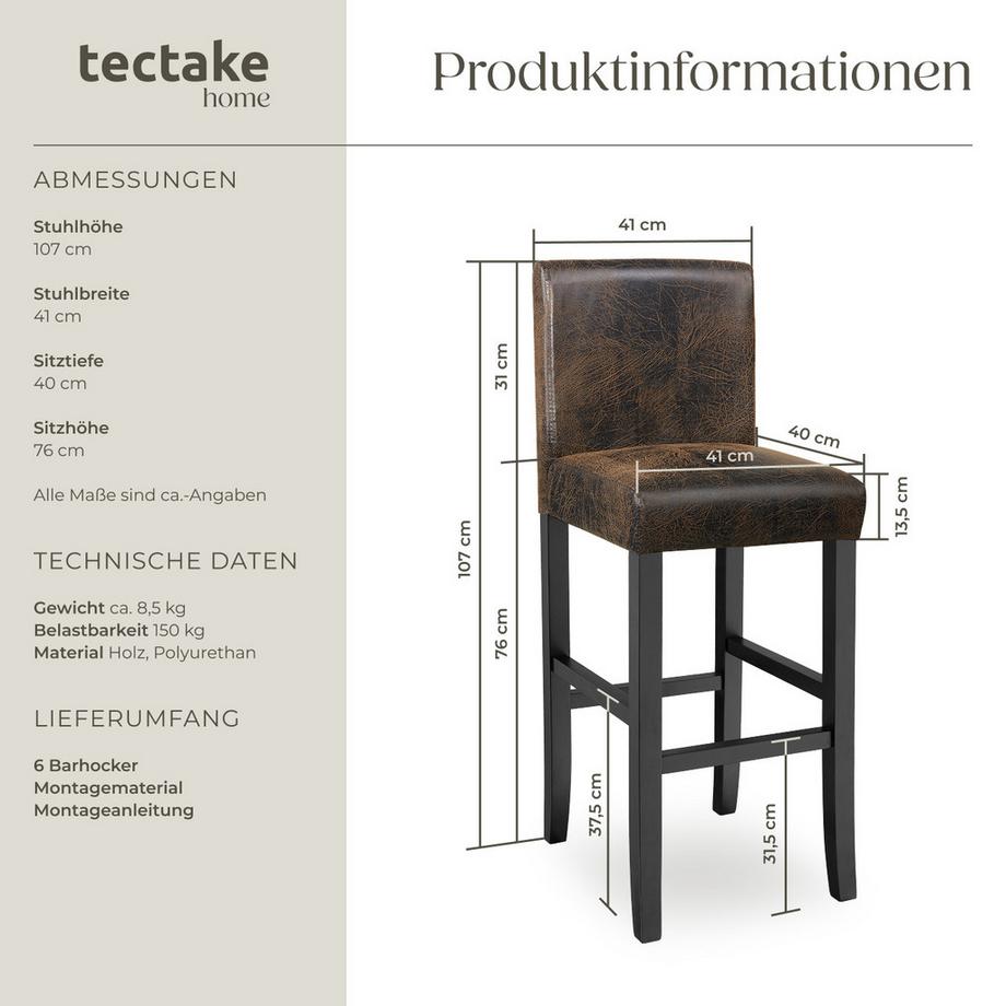 Tectake Barhocker  gepolstert mit Rückenlehne Bezug aus Kunstleder  