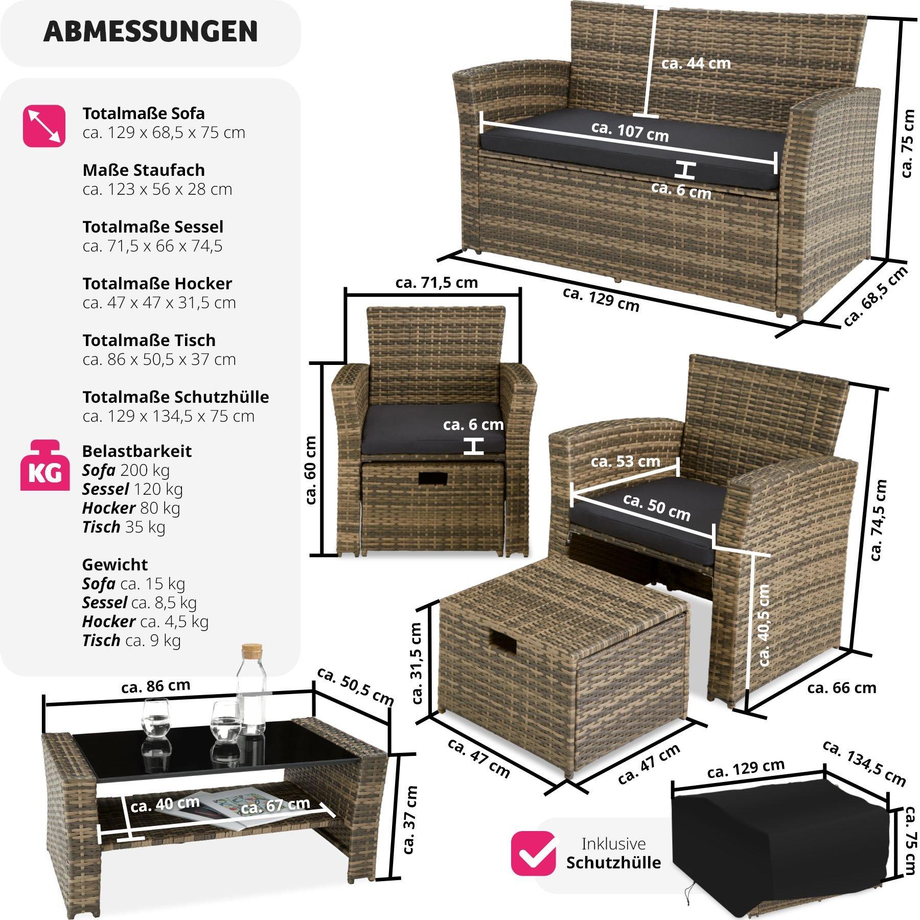 Tectake Rattan Sitzgruppe Modena 3+2+1 inkl. Schutzhülle  