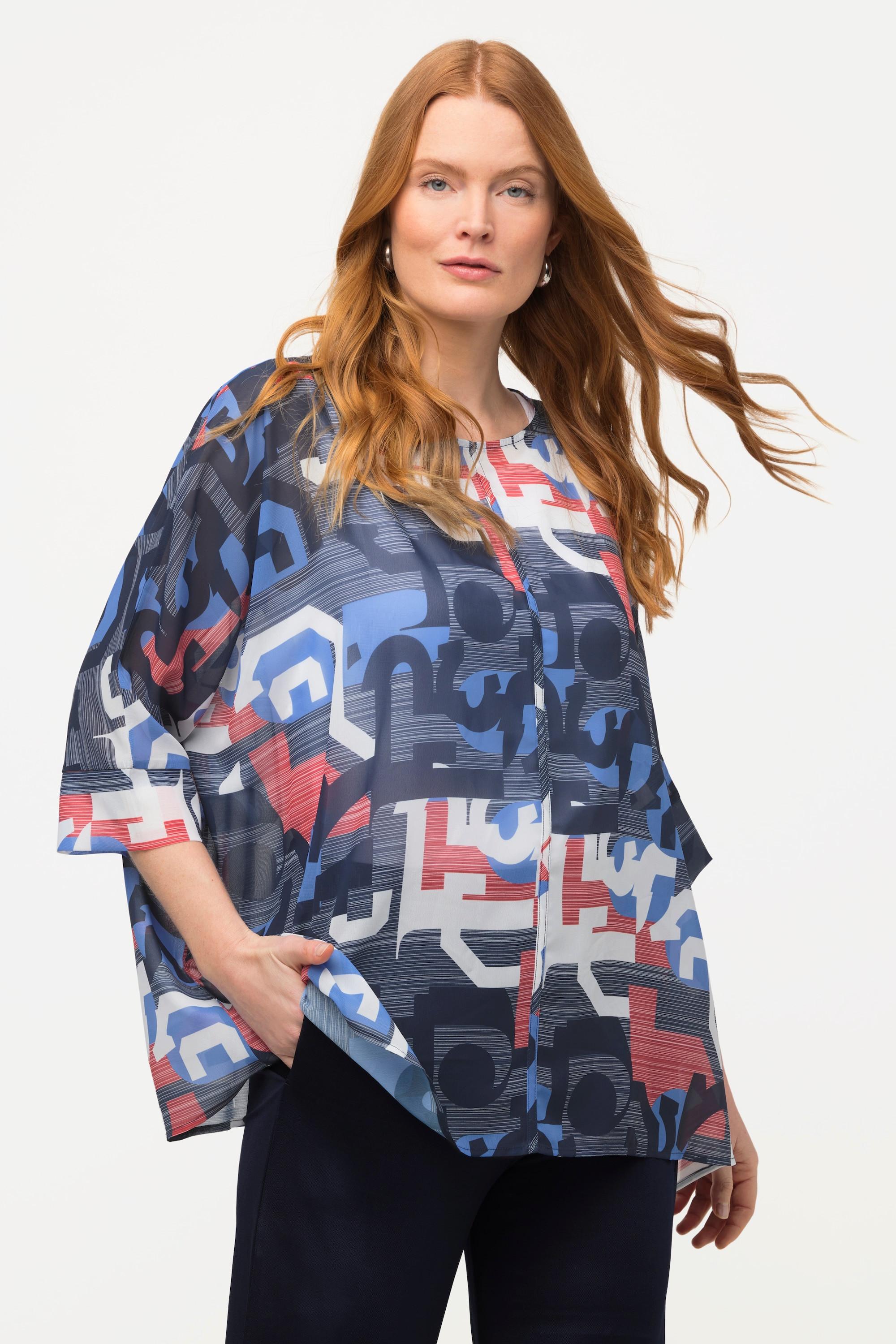 Ulla Popken  Giacca di chiffon dal taglio oversize con stampa grafica e maniche a 3/4 