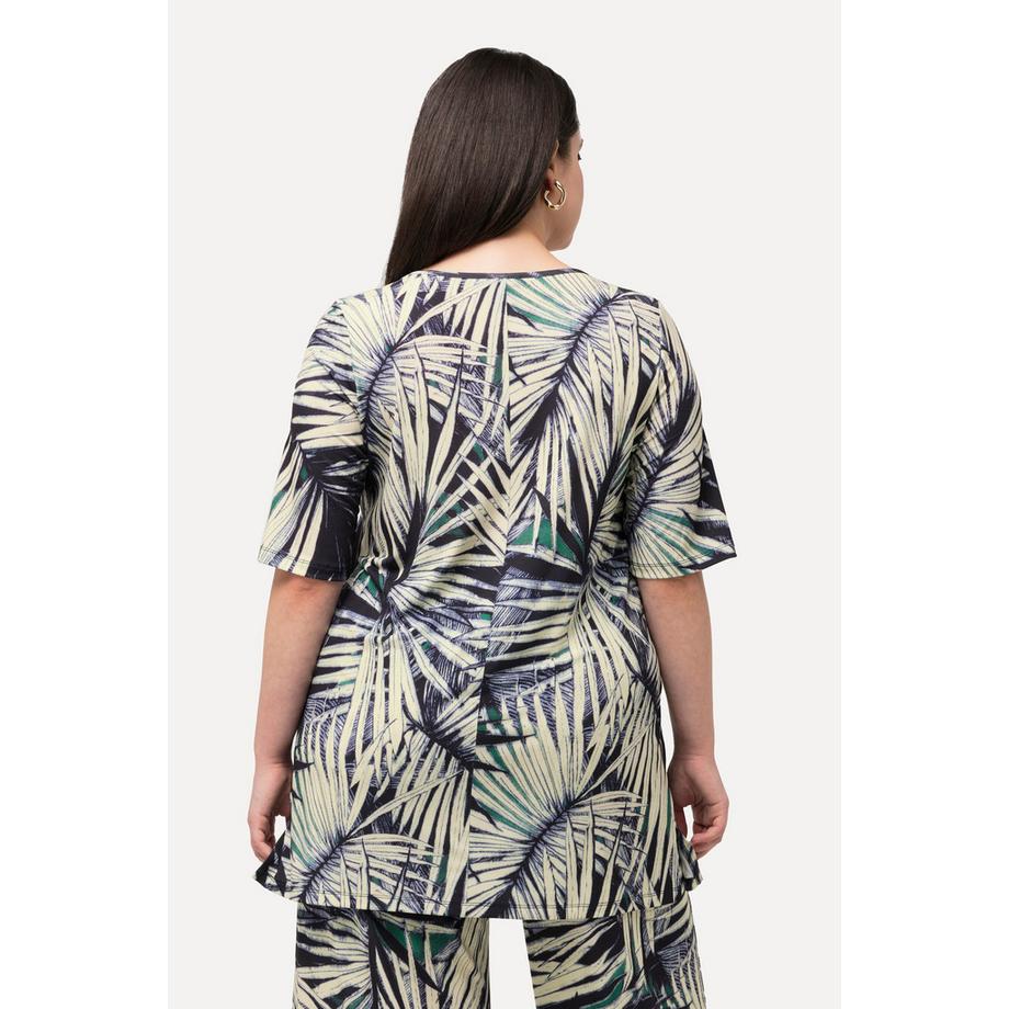 Ulla Popken Imprimé Feuilles de Palmier Col V Manches Courtes T-Shirt avec Anneau Décoratif  