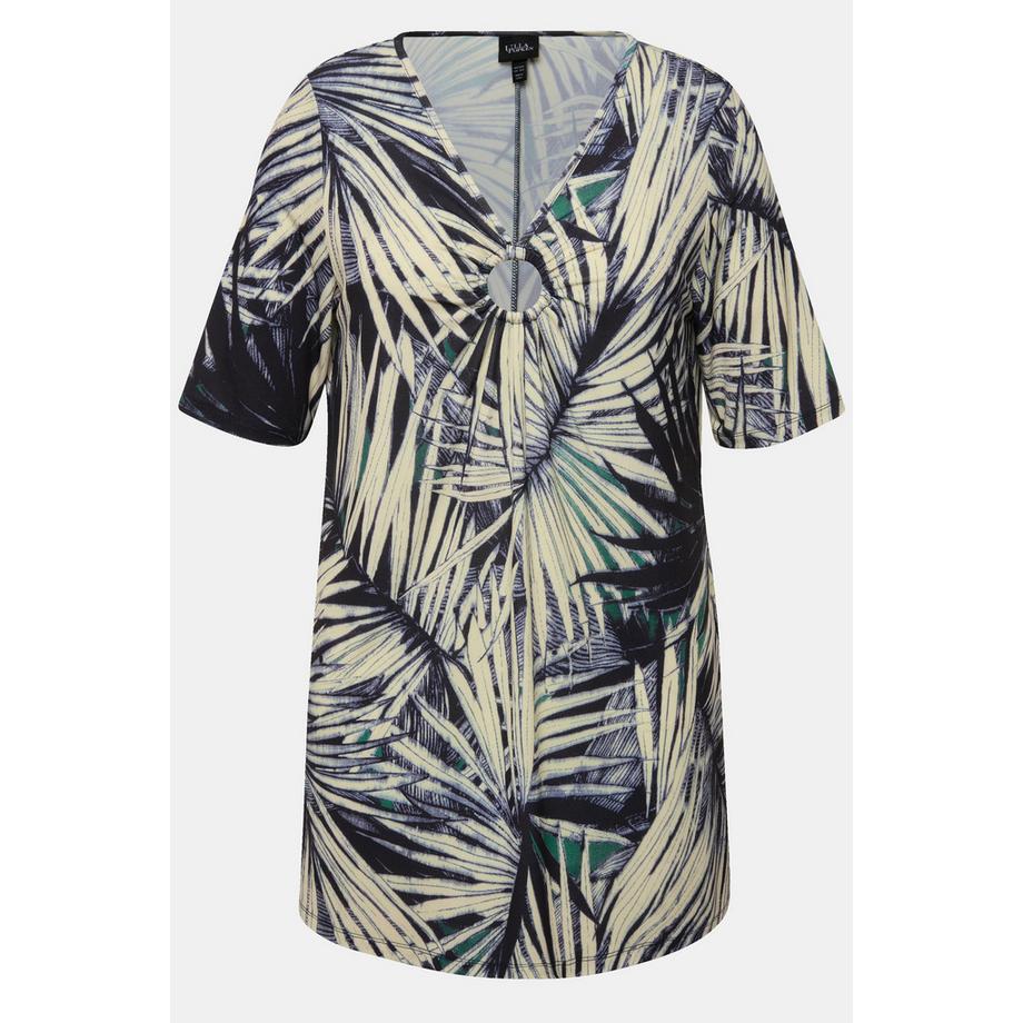 Ulla Popken Imprimé Feuilles de Palmier Col V Manches Courtes T-Shirt avec Anneau Décoratif  