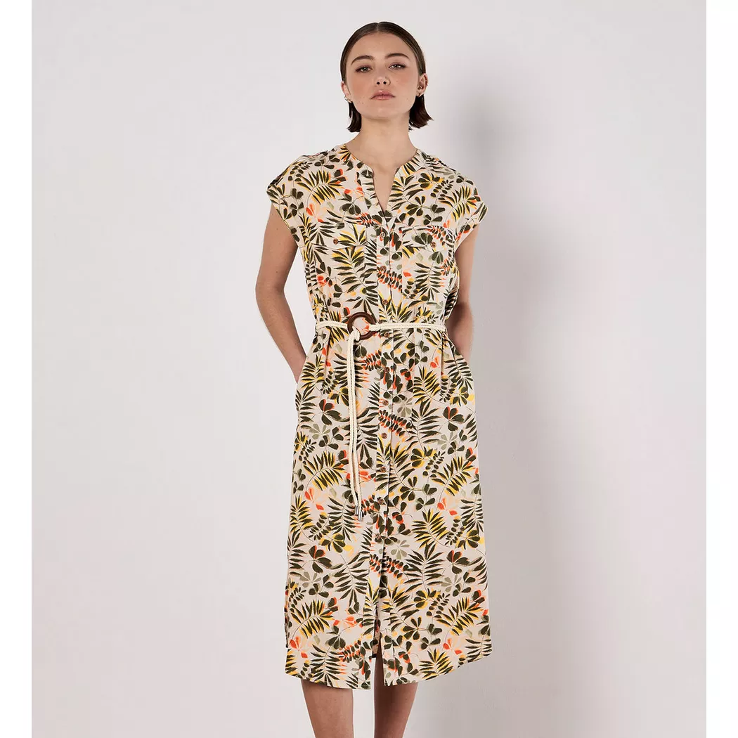 APRICOT - Midi-Hemdkleid mit Gürtel und Blätterdruck, für Damen, Beige, Größe L