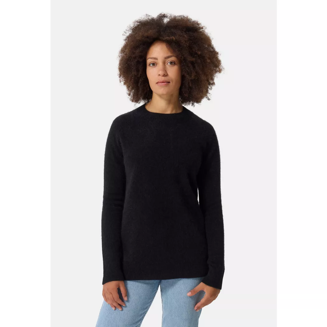 CASH-MERE.CH - Brushed Kaschmir Rundhals Pullover mit Seitenschlitzen, für Damen, Schwarz, Größe L