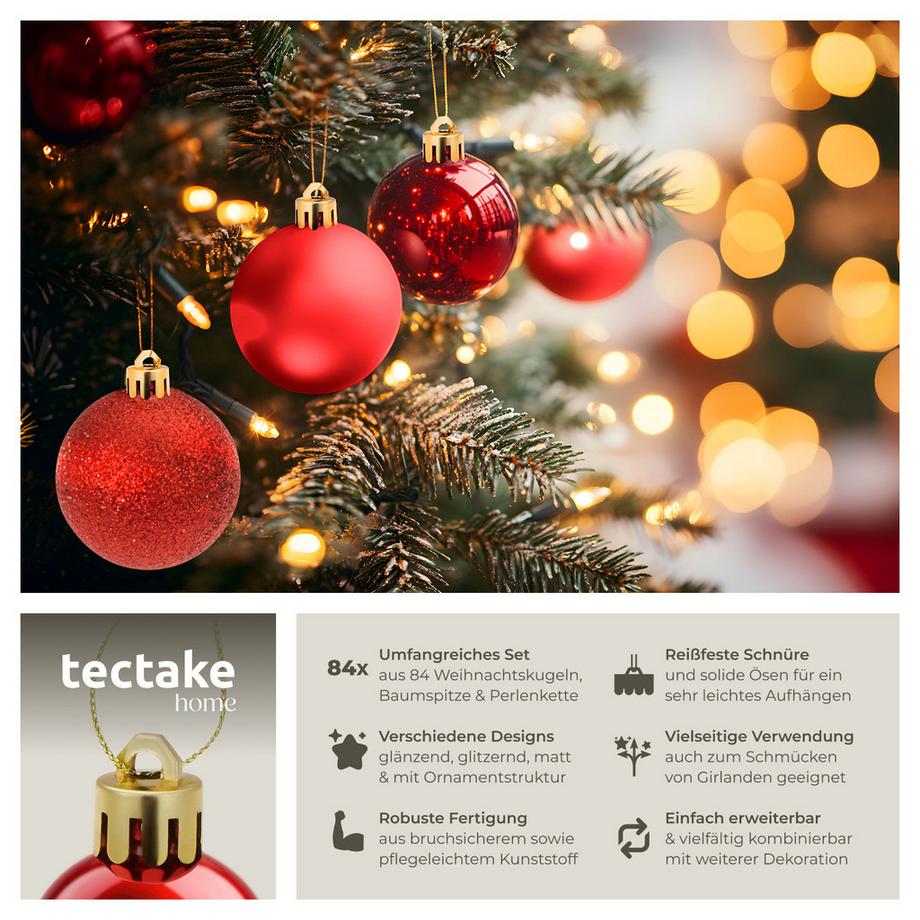 Tectake Boules de Noël  Lot de 84 boules rouges avec chaîne en perles et étoile  