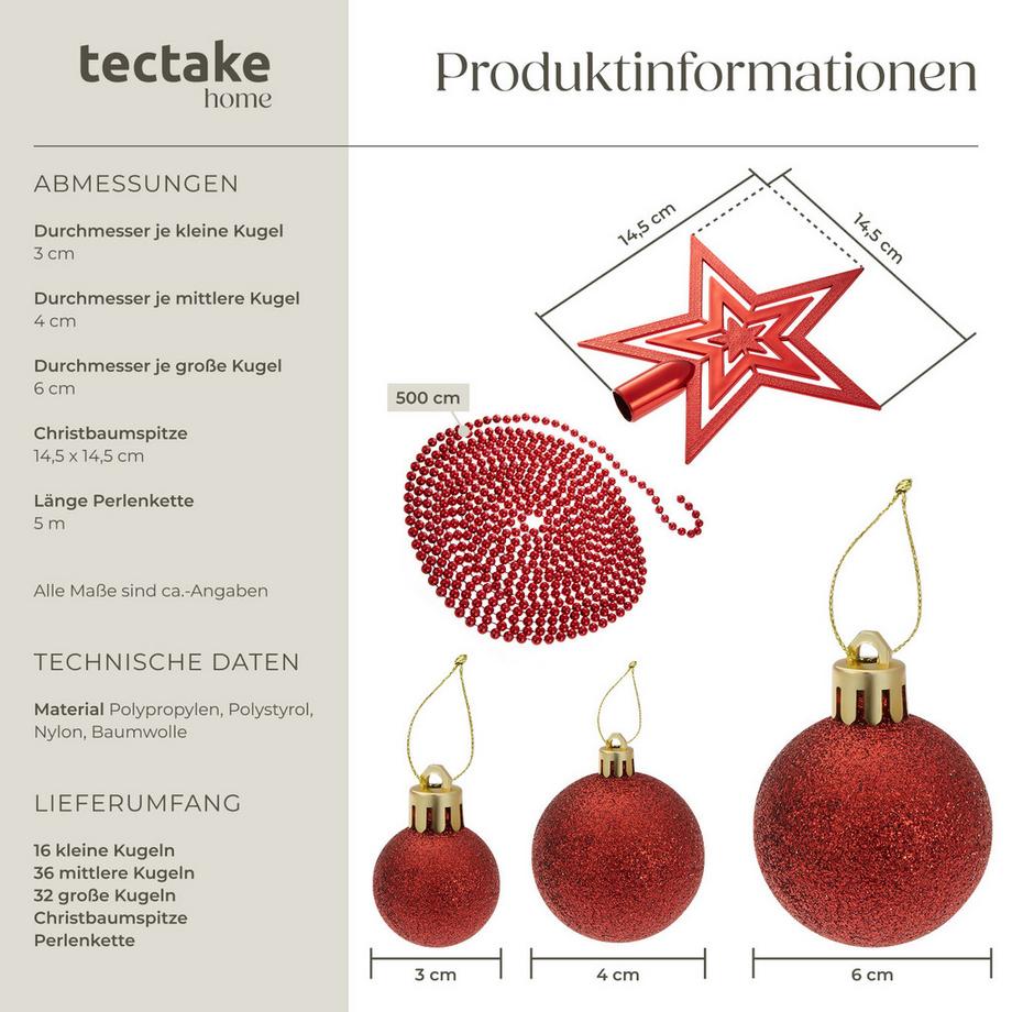 Tectake Boules de Noël  Lot de 84 boules rouges avec chaîne en perles et étoile  