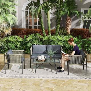 Northio Set di mobili da giardino in polyrattan set da salotto con 2 divani, sedie, cuscini da tavolo in vetro, mobili da balcone resistenti alle intemperie per 4 persone, gruppo di posti a sedere per esterni, mobili da giardino per giardino, balcone grigio |  