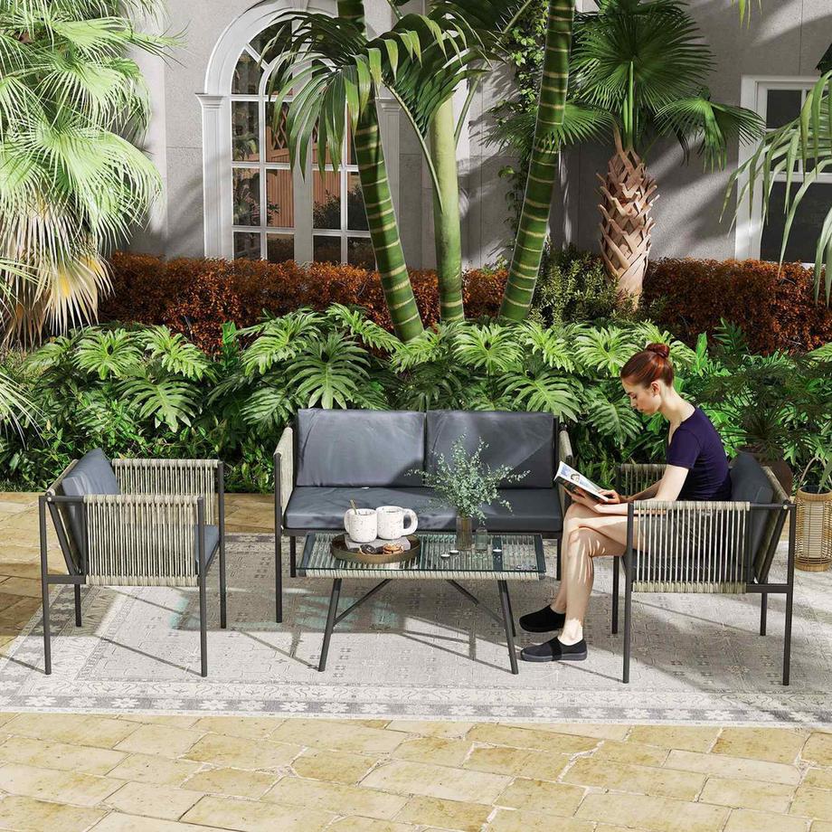 Northio Gartenmöbel Set aus Polyrattan Lounge-Set mit 2er Sofa Sessel Glastisch Kissen wetterfest Balkonmöbel für 4 Personen Outdoor Sitzgruppe Terrassenmöbel für Garten Balkon Grau |  