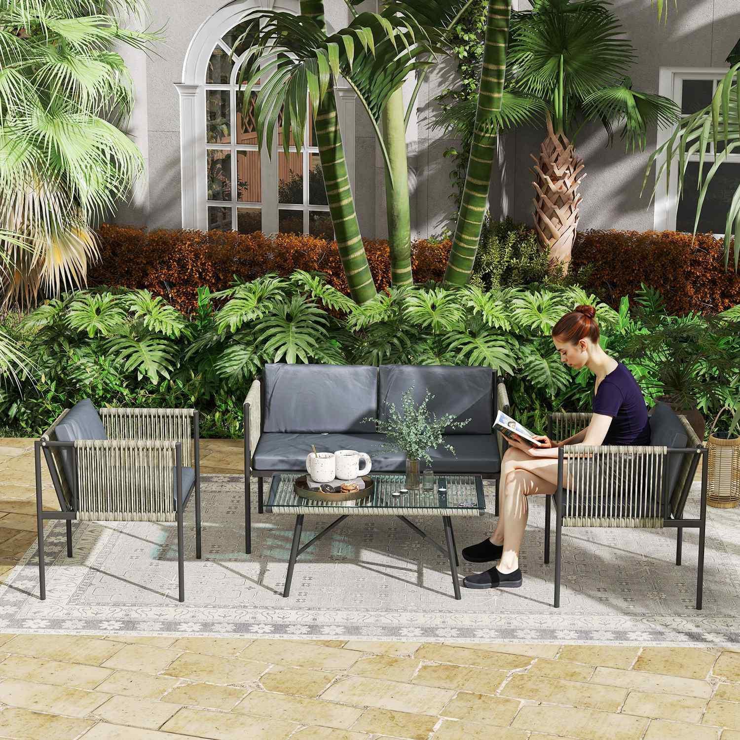 Northio Set di mobili da giardino in polyrattan set da salotto con 2 divani, sedie, cuscini da tavolo in vetro, mobili da balcone resistenti alle intemperie per 4 persone, gruppo di posti a sedere per esterni, mobili da giardino per giardino, balcone grigio |  