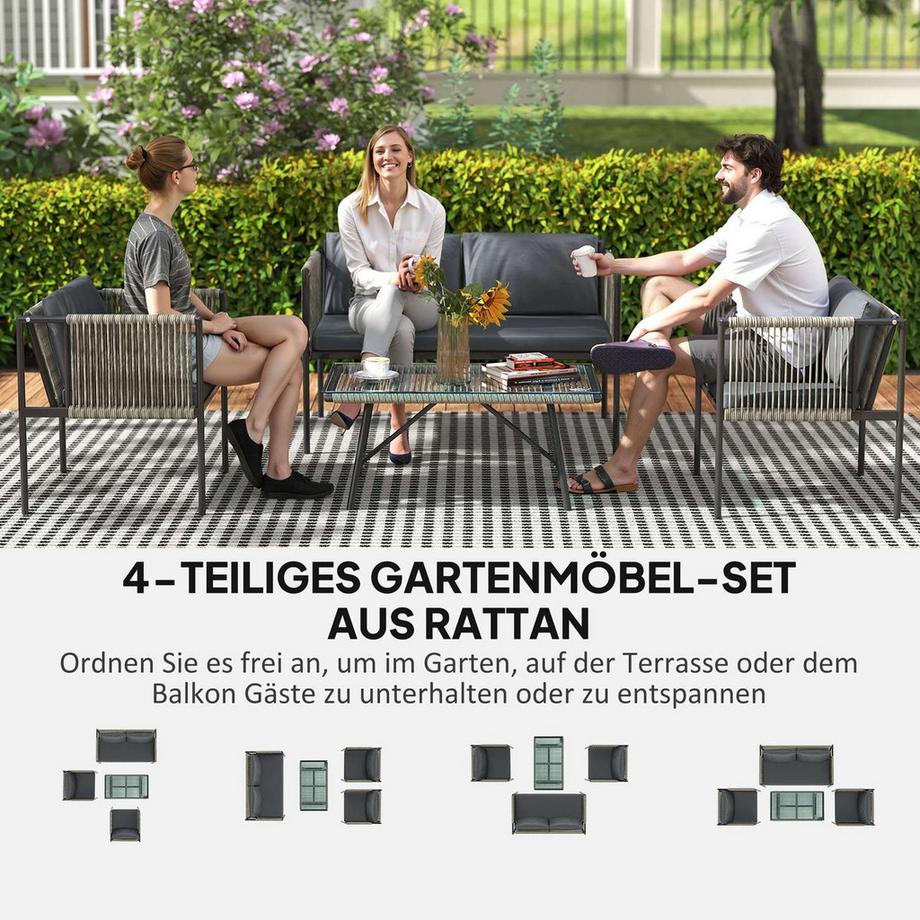 Northio Gartenmöbel Set aus Polyrattan Lounge-Set mit 2er Sofa Sessel Glastisch Kissen wetterfest Balkonmöbel für 4 Personen Outdoor Sitzgruppe Terrassenmöbel für Garten Balkon Grau |  