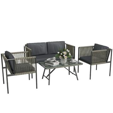 Set di mobili da giardino in polyrattan set da salotto con 2 divani, sedie, cuscini da tavolo in vetro, mobili da balcone resistenti alle intemperie per 4 persone, gruppo di posti a sedere per esterni, mobili da giardino per giardino, balcone grigio |