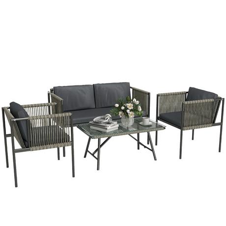 Northio Set di mobili da giardino in polyrattan set da salotto con 2 divani, sedie, cuscini da tavolo in vetro, mobili da balcone resistenti alle intemperie per 4 persone, gruppo di posti a sedere per esterni, mobili da giardino per giardino, balcone grigio |  