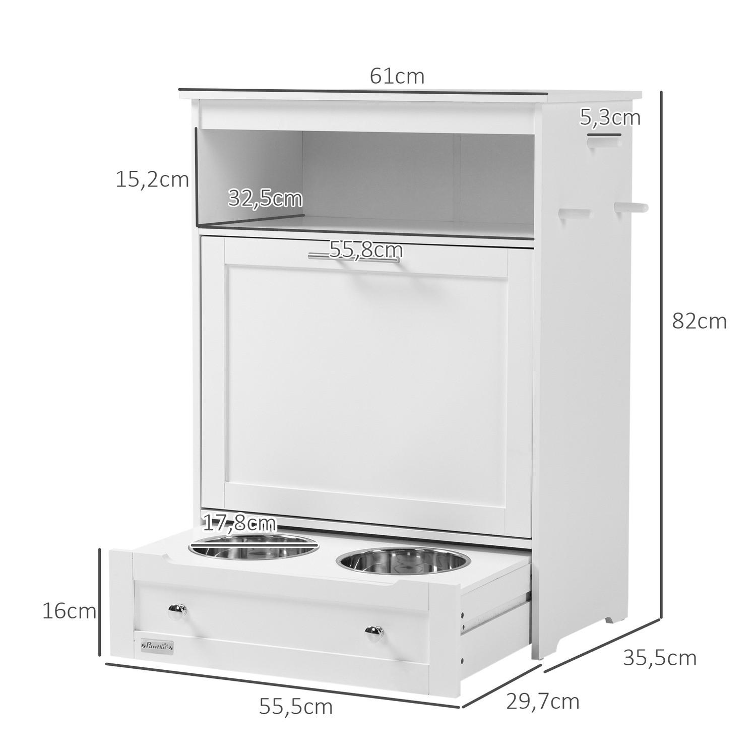 Northio  Haustier-Futterschrank mit 2 Edelstahlnäpfen, 3 Haken, Tierfutterschrank mit Lagerschrank, offenem Fach & Kipptür, Hundefutterstation für Hunde, 61 x 35,5 x 82 cm, Weiß 