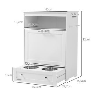 Northio  Haustier-Futterschrank mit 2 Edelstahlnäpfen, 3 Haken, Tierfutterschrank mit Lagerschrank, offenem Fach & Kipptür, Hundefutterstation für Hunde, 61 x 35,5 x 82 cm, Weiß 