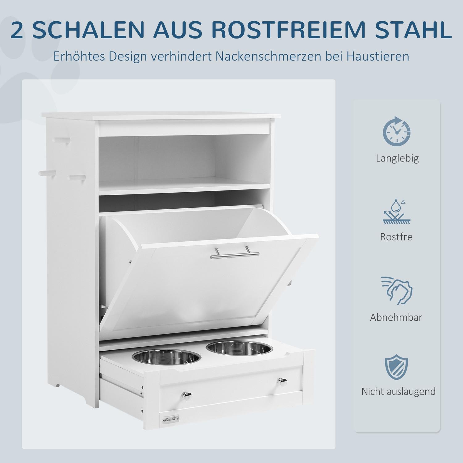 Northio  Haustier-Futterschrank mit 2 Edelstahlnäpfen, 3 Haken, Tierfutterschrank mit Lagerschrank, offenem Fach & Kipptür, Hundefutterstation für Hunde, 61 x 35,5 x 82 cm, Weiß 