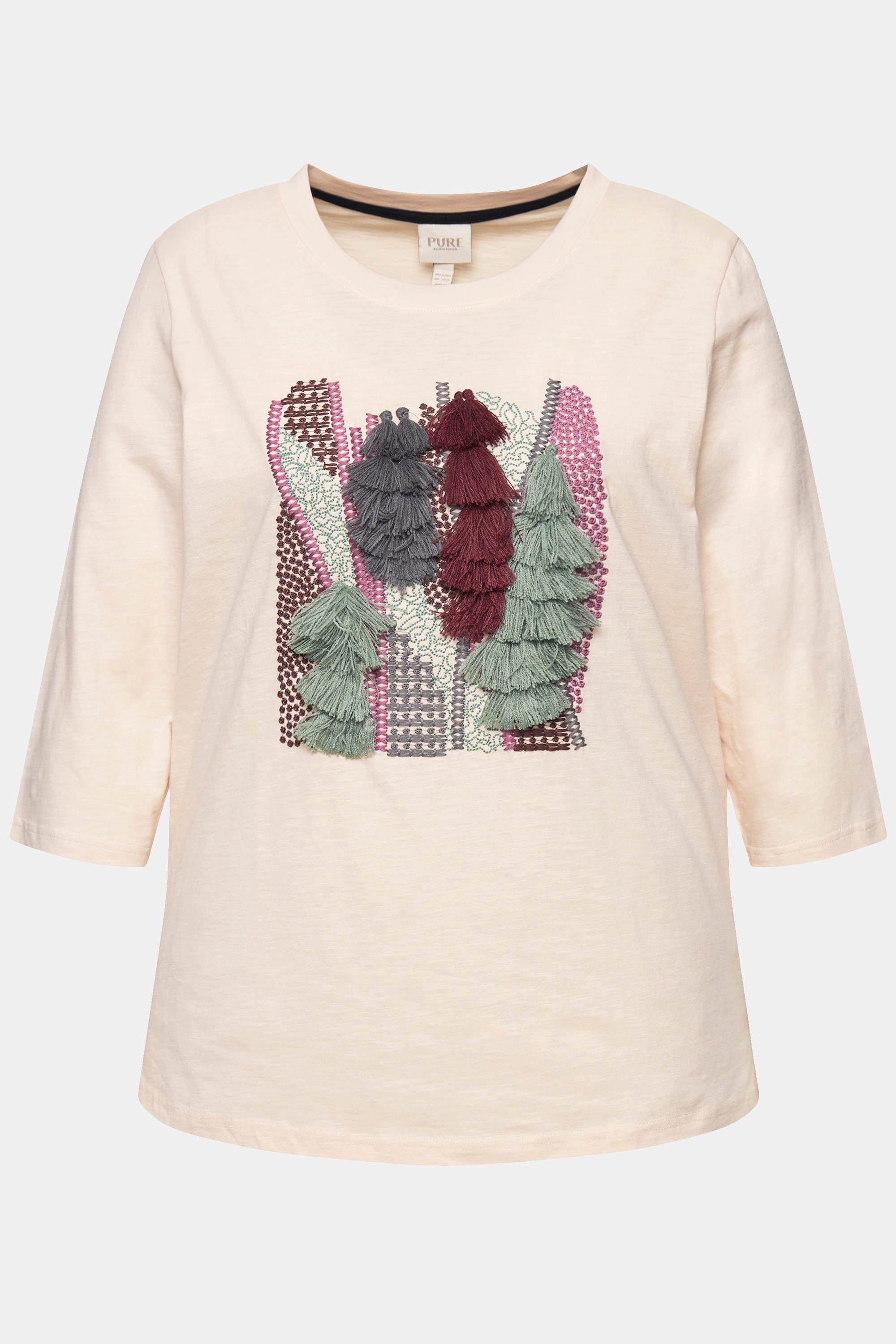 Ulla Popken  T-shirt en coton bio avec broderie, col rond et manches 3/4 