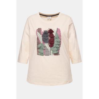 Ulla Popken  T-shirt en coton bio avec broderie, col rond et manches 3/4 