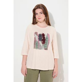 Ulla Popken  T-shirt en coton bio avec broderie, col rond et manches 3/4 