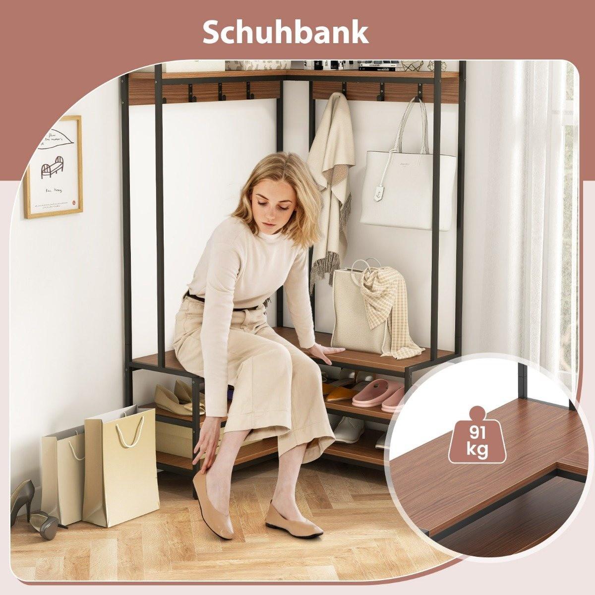 Northix Appendiabiti angolare con panca Appendiabiti ad L con ripiani a giorno 90 x 90 x 178 cm noce  