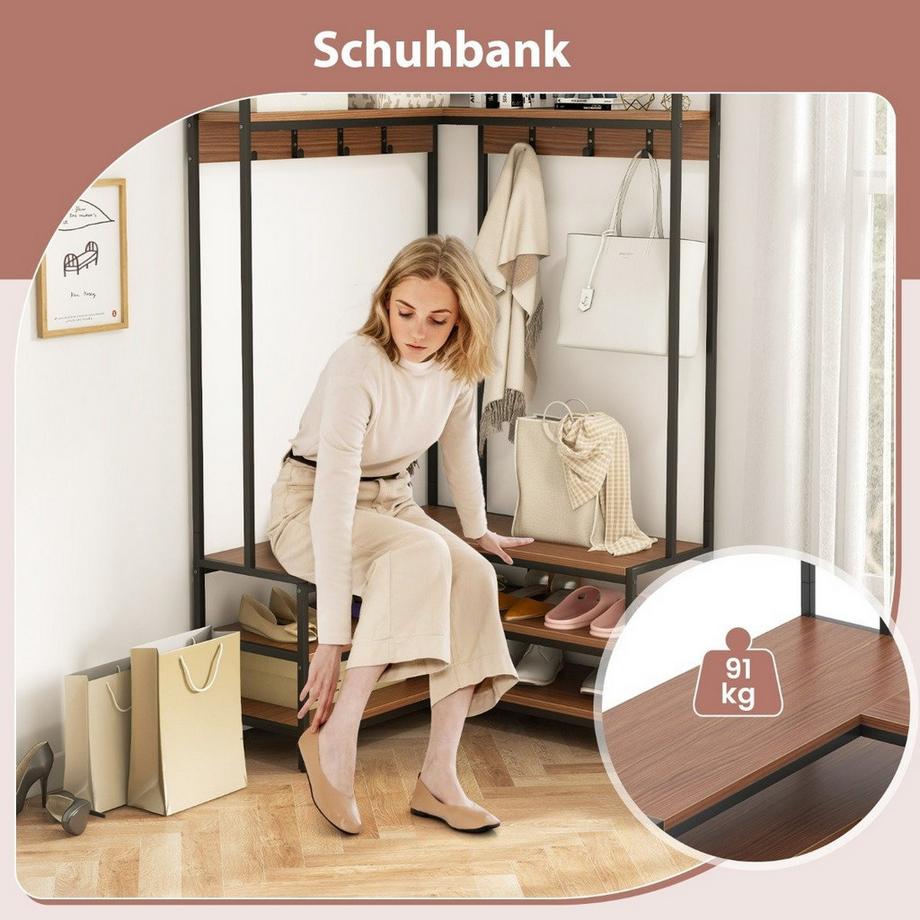 Northix Appendiabiti angolare con panca Appendiabiti ad L con ripiani a giorno 90 x 90 x 178 cm noce  