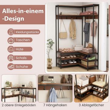 Appendiabiti angolare con panca Appendiabiti ad L con ripiani a giorno 90 x 90 x 178 cm noce