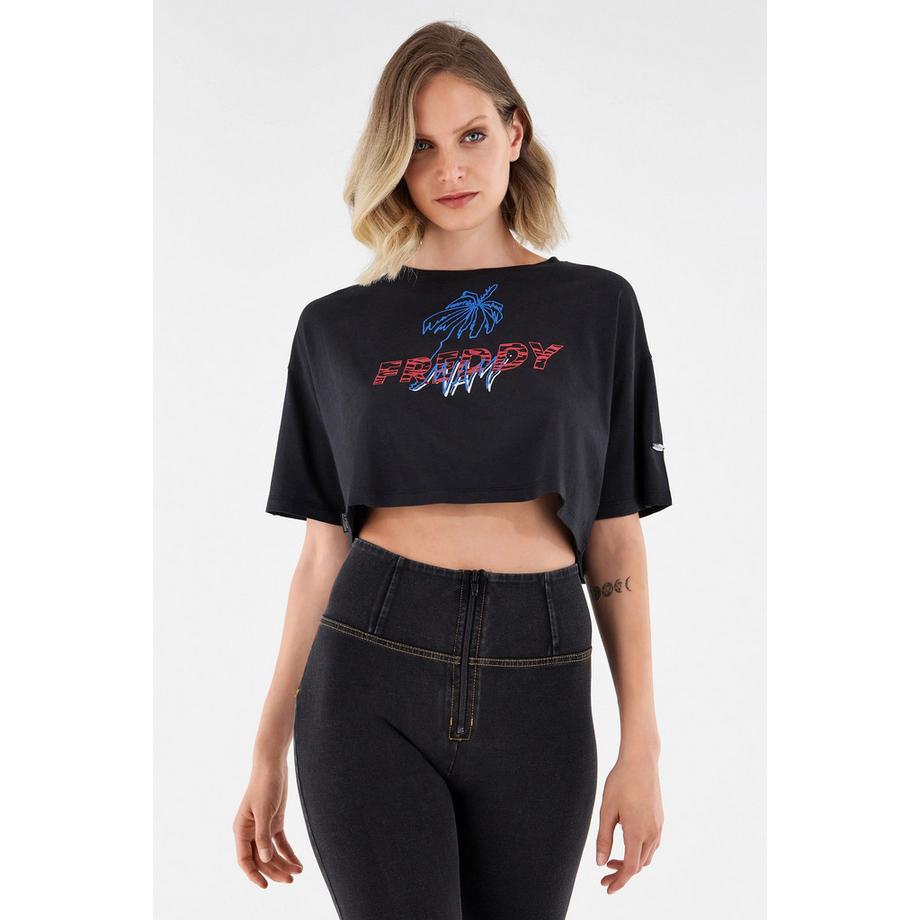 FREDDY Kurzarm Cropped T-Shirt mit Palmenprint  