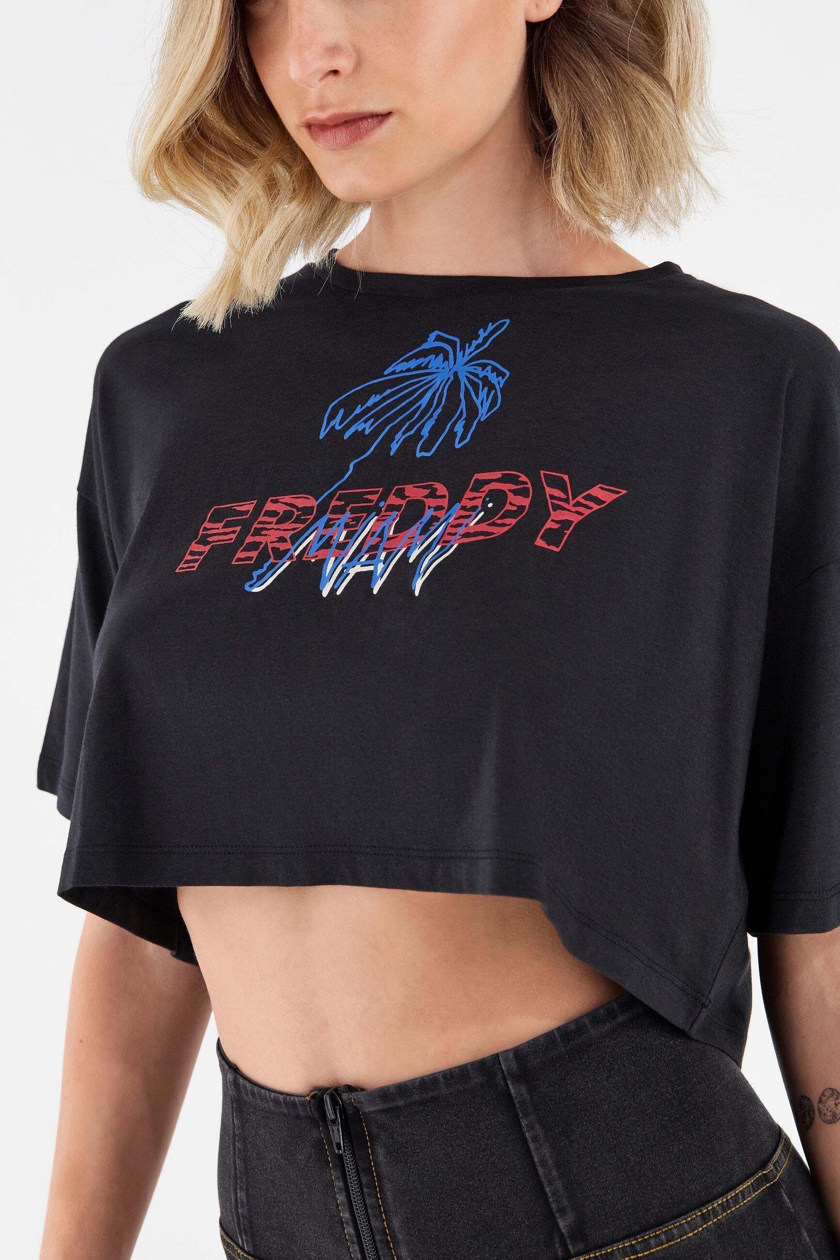 FREDDY Kurzarm Cropped T-Shirt mit Palmenprint  