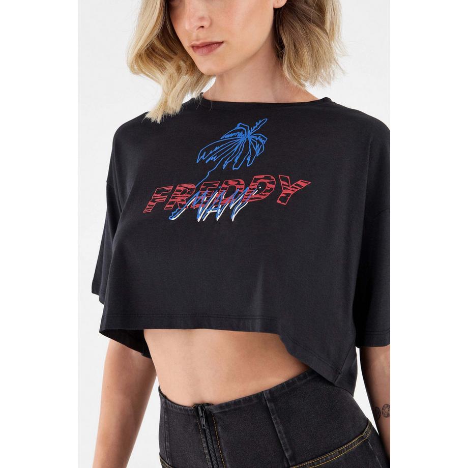 FREDDY Kurzarm Cropped T-Shirt mit Palmenprint  