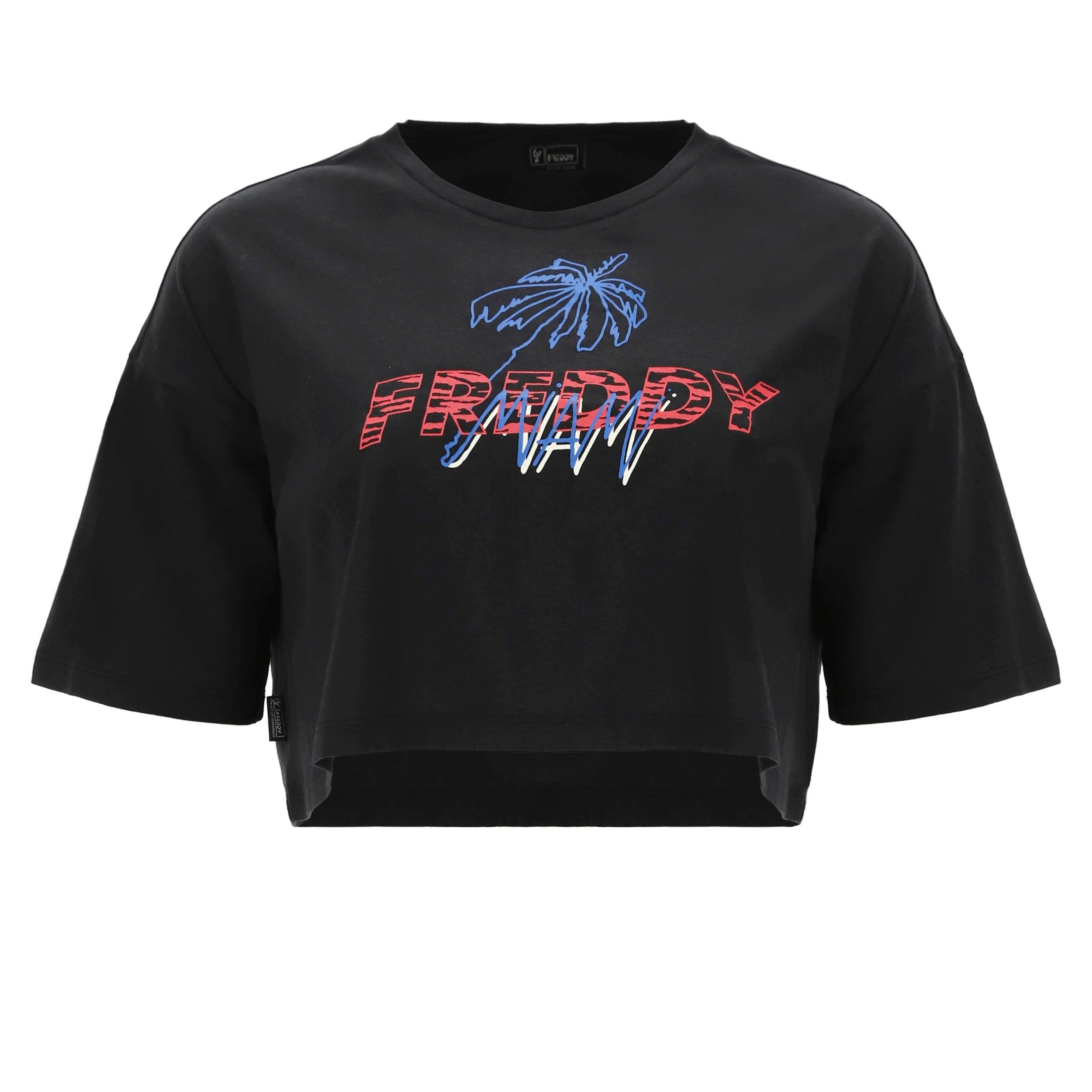 FREDDY Kurzarm Cropped T-Shirt mit Palmenprint  