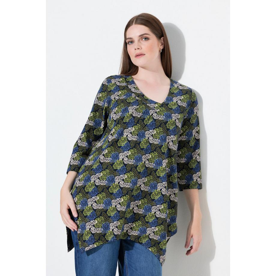 Ulla Popken T-shirt Ourlet Asymétrique Col V Manches 3/4 Coton Bio  