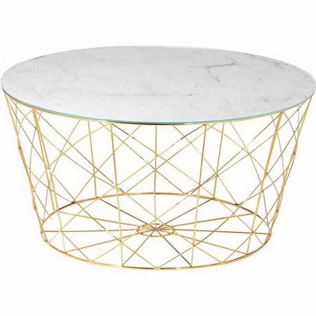 mutoni Table basse avec corbeille en métal marbre doré blanc rond 80x80  