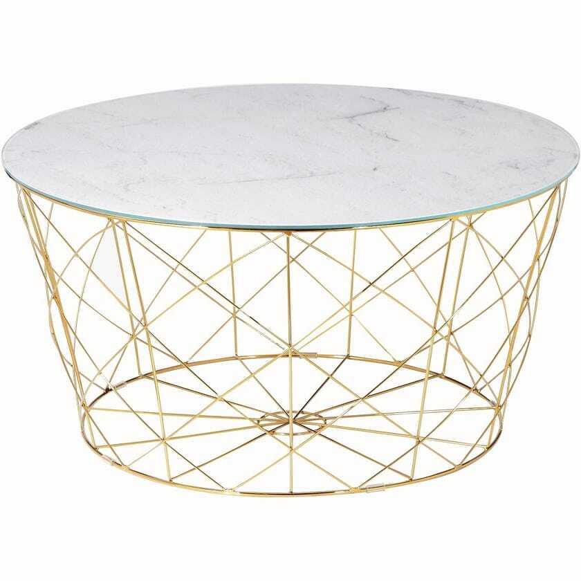 mutoni Table basse avec panier métallique or marbre blanc rond 80x80  