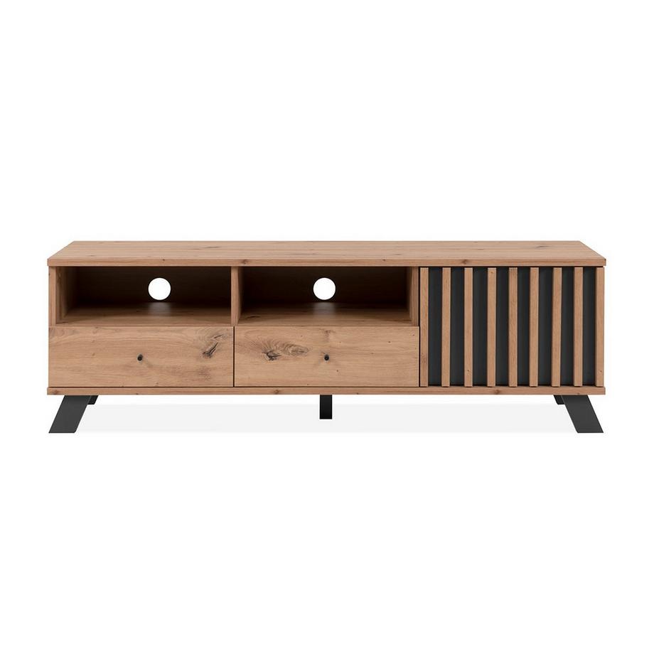 Meuble TV 1 porte, 2 tiroirs et 2 niches décor chêne artisan L138 cm - LUBLIN