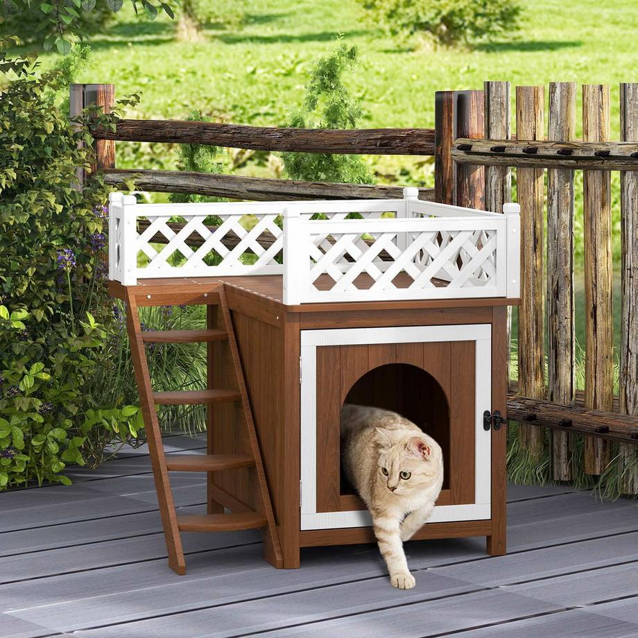 Northio  Grotte pour chat, maison pour chat en bois de sapin, maison pour chat avec balcon, escalier, pour chats, lapins jusqu'à 6 kg, intérieur, extérieur 67,5 x 63 x 68,5 cm, marron 