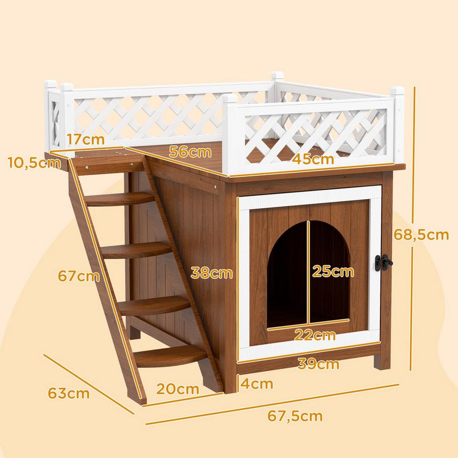 Northio  Grotte pour chat, maison pour chat en bois de sapin, maison pour chat avec balcon, escalier, pour chats, lapins jusqu'à 6 kg, intérieur, extérieur 67,5 x 63 x 68,5 cm, marron 