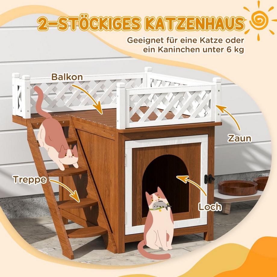 Northio  Grotte pour chat, maison pour chat en bois de sapin, maison pour chat avec balcon, escalier, pour chats, lapins jusqu'à 6 kg, intérieur, extérieur 67,5 x 63 x 68,5 cm, marron 