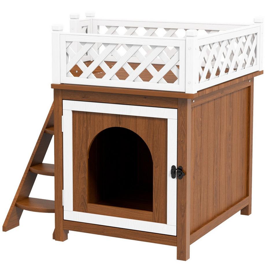 Northio  Grotte pour chat, maison pour chat en bois de sapin, maison pour chat avec balcon, escalier, pour chats, lapins jusqu'à 6 kg, intérieur, extérieur 67,5 x 63 x 68,5 cm, marron 
