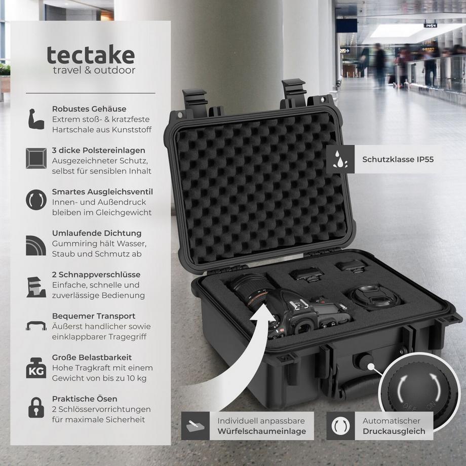 Tectake  Kamerakoffer  aus robuster Hartschale mit 3 Schaumstoffeinlagen Druckausgleichsventil 