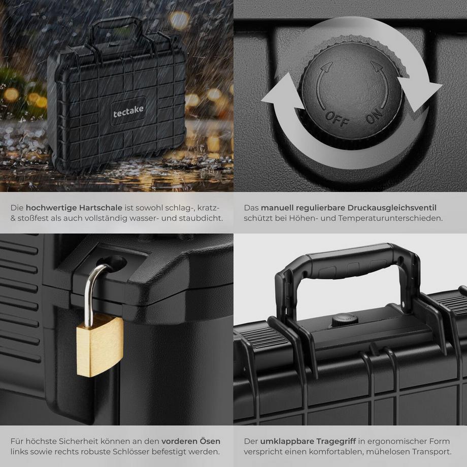 Tectake  Kamerakoffer  aus robuster Hartschale mit 3 Schaumstoffeinlagen Druckausgleichsventil 