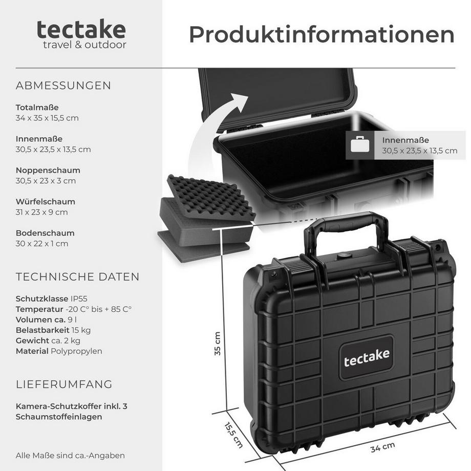Tectake  Kamerakoffer  aus robuster Hartschale mit 3 Schaumstoffeinlagen Druckausgleichsventil 