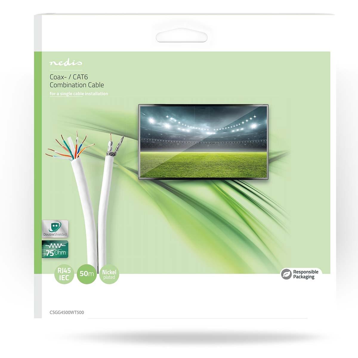 Nedis  IEC (Coax) CAT6 combo cable on reel | RG59 | 75 Ohm | Double shielded | ECA | 50.0 m | Round | White | Gift Box 