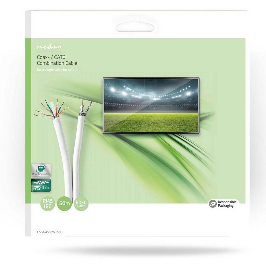 Nedis  IEC (Koax) CAT6 Kombikabel auf Trommel | RG59 | 75 Ohm | Doppelt geschirmt | ECA | 50,0 m | Rund | Weiß | Geschenkbox 
