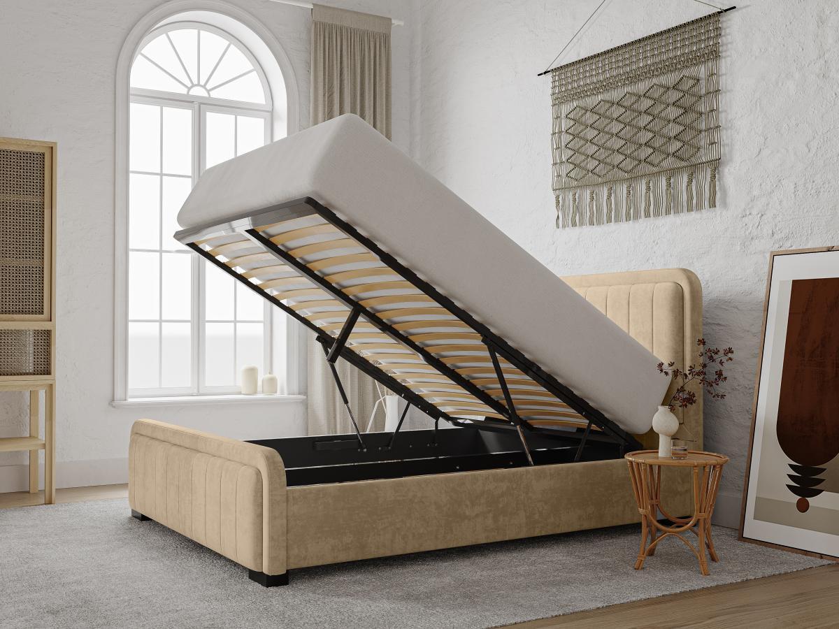 Vente-unique Bett mit Bettkasten und Kopfteil - 160 x 200 cm - Stoff - Wildleder-Optik - Beige - SERENA  