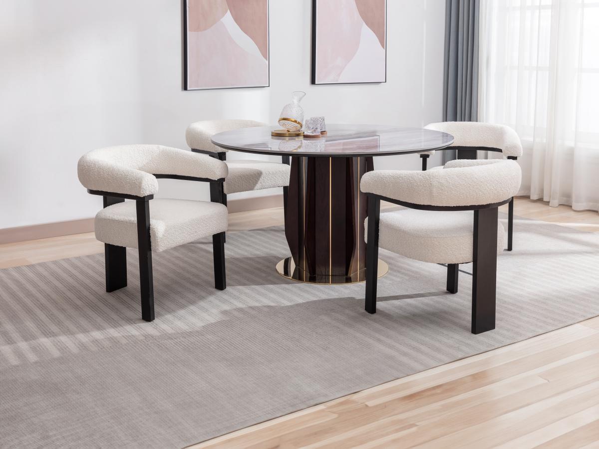 PASCAL MORABITO Lot de 6 chaises avec accoudoirs en tissu bouclette et bois d'hévéa - Blanc et noir - LIVELIA de Pascal MORABITO  