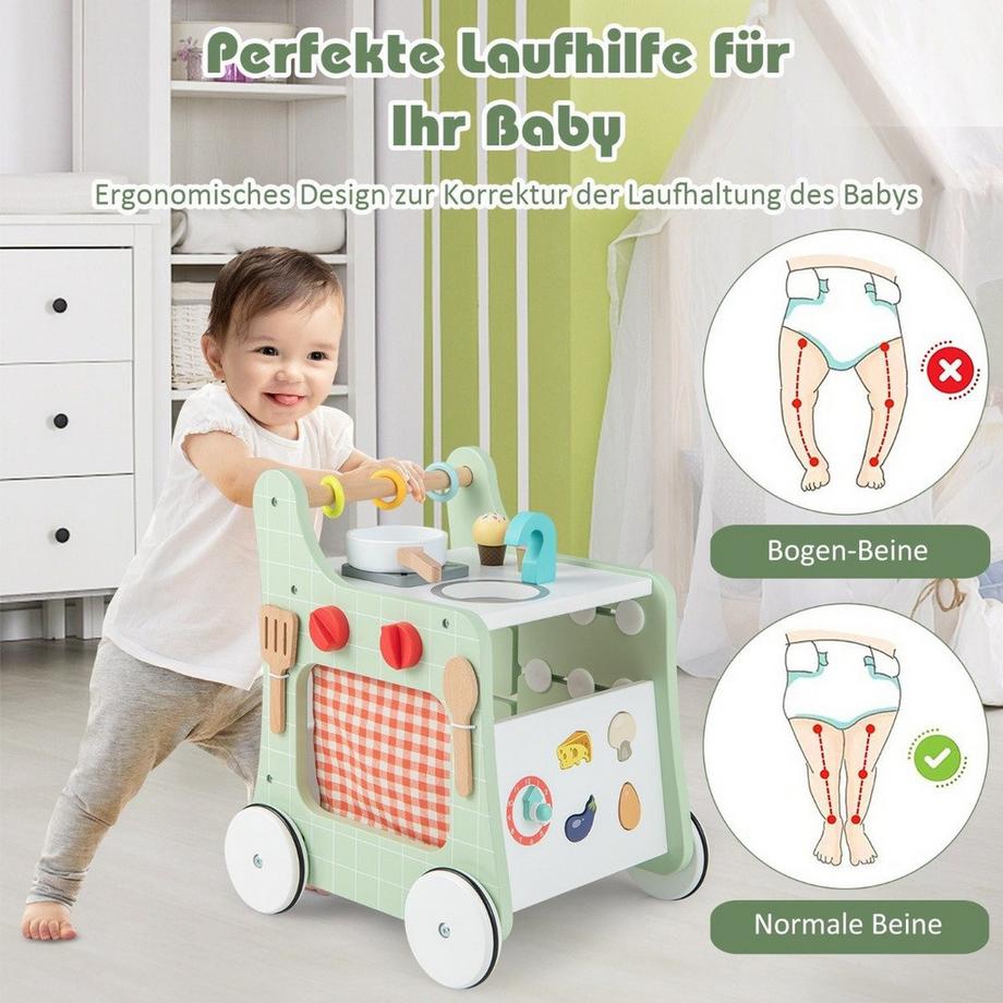 Northio  6 in 1 Holz Lauflernhilfe mit Spielküche & Lernuhr & Formanpassung & Beweglichem Schieber Grün 