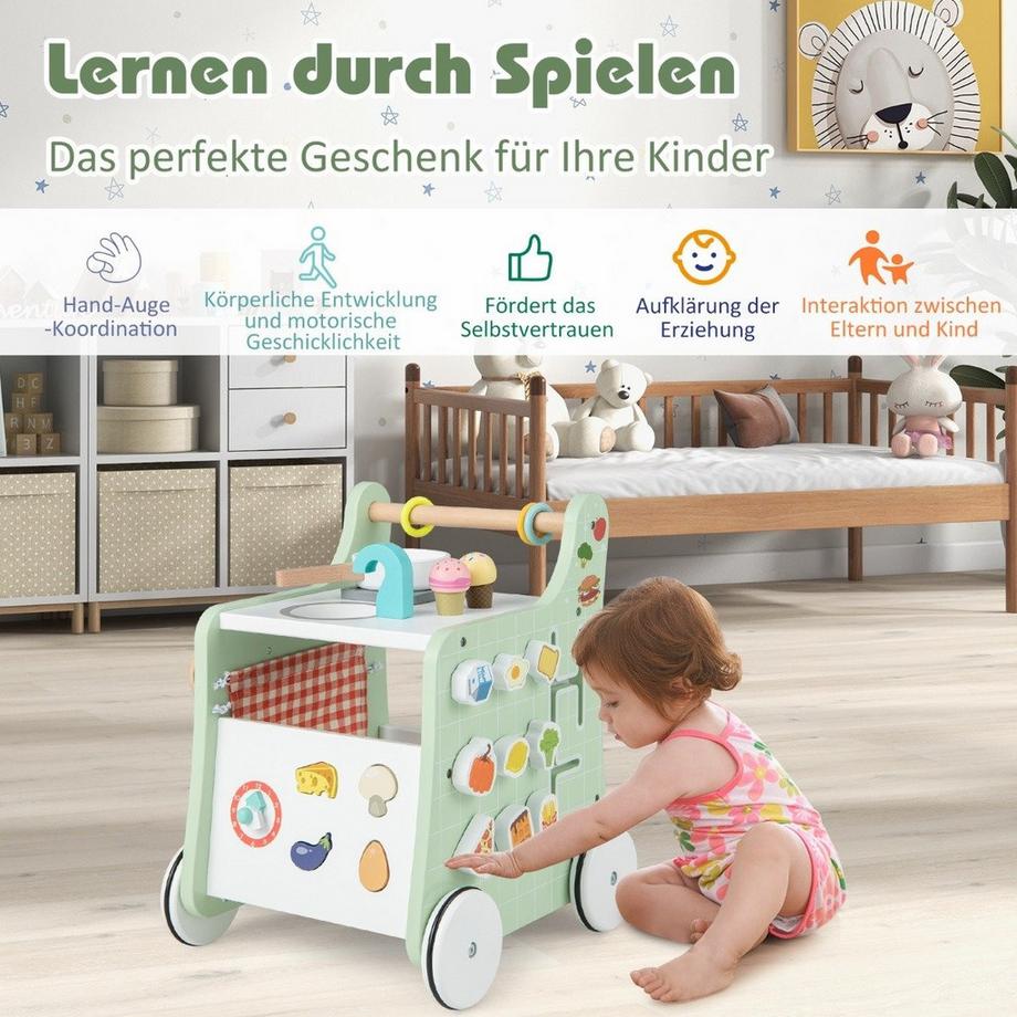 Northio  6 in 1 Holz Lauflernhilfe mit Spielküche & Lernuhr & Formanpassung & Beweglichem Schieber Grün 