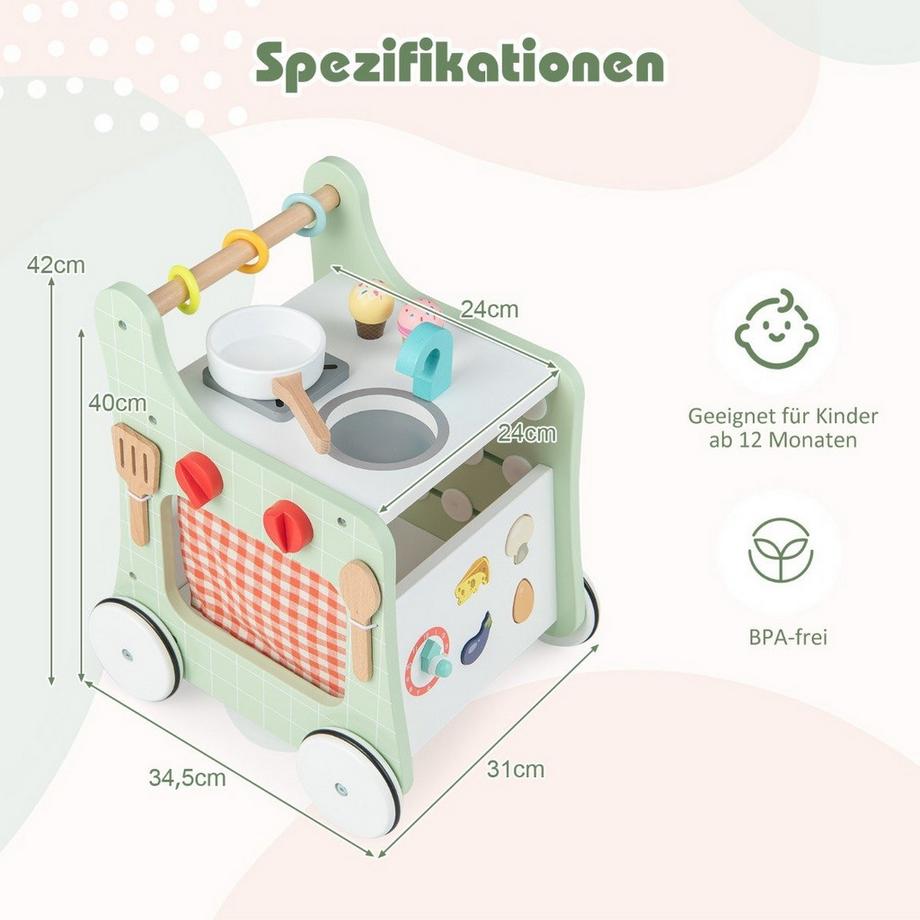 Northio  6 in 1 Holz Lauflernhilfe mit Spielküche & Lernuhr & Formanpassung & Beweglichem Schieber Grün 