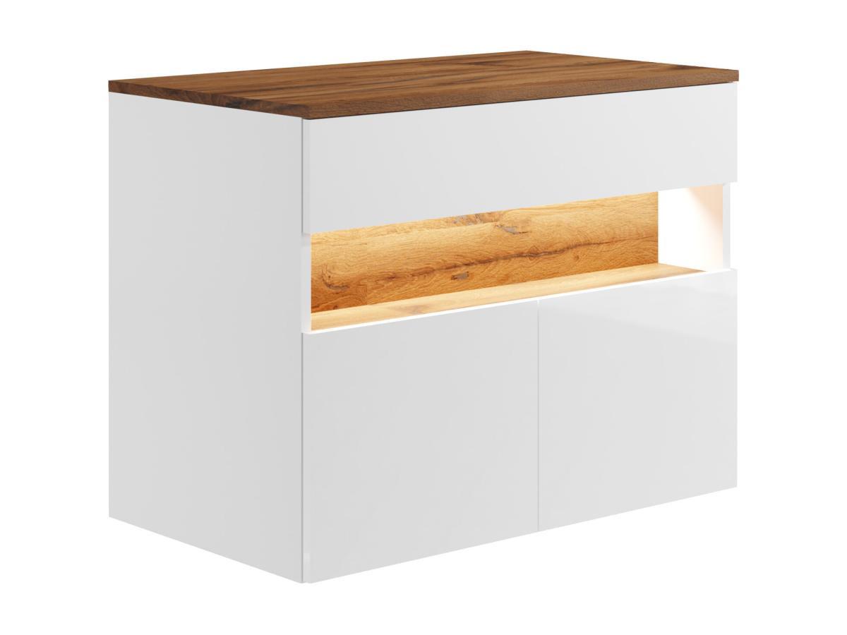 Vente-unique Waschbeckenunterschrank hängend mit Aufsatzplatte - mit LED-Beleuchtung - Weiß & Holzfarben dunkel - 80 cm - POZEGA  