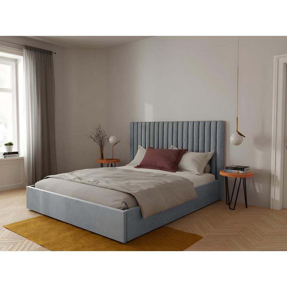 Vente-unique Letto contenitore con testata e cuciture verticali 160 x 200 cm Tessuto Grigio + Materasso - SARAH  