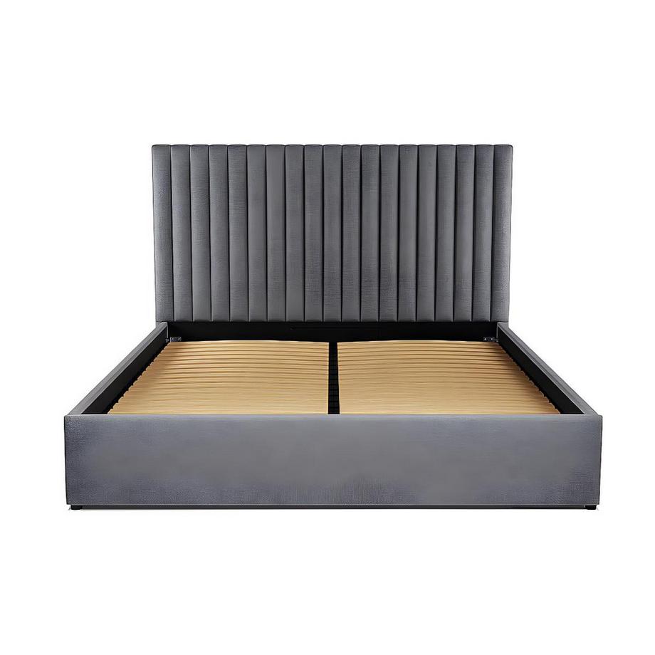 Vente-unique Letto contenitore con testata e cuciture verticali 160 x 200 cm Tessuto Grigio + Materasso - SARAH  